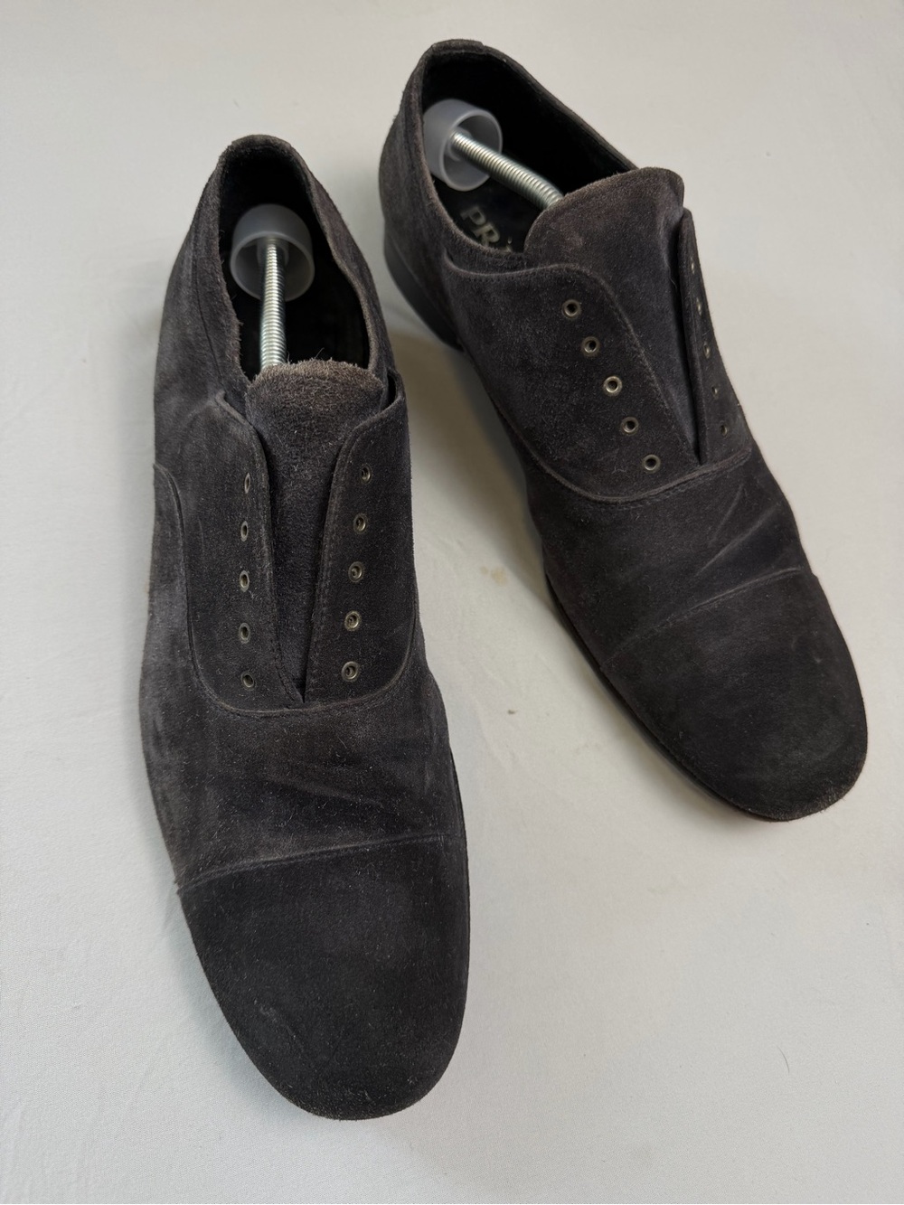 Prada Men’s charcoal gray Suede leather Slip-On Oxford Derby shoes size 11